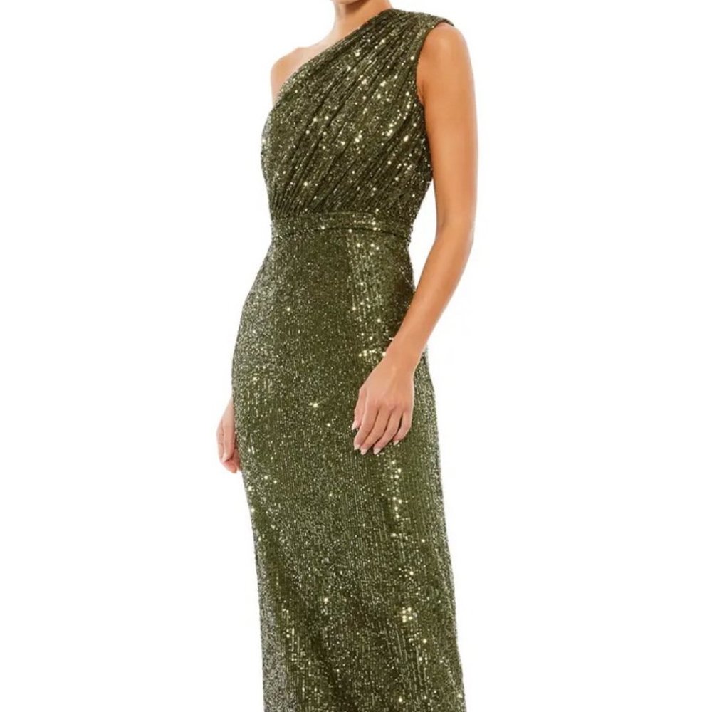 Mac Duggal Olive Green Sequin One-Shoulder Column Gown